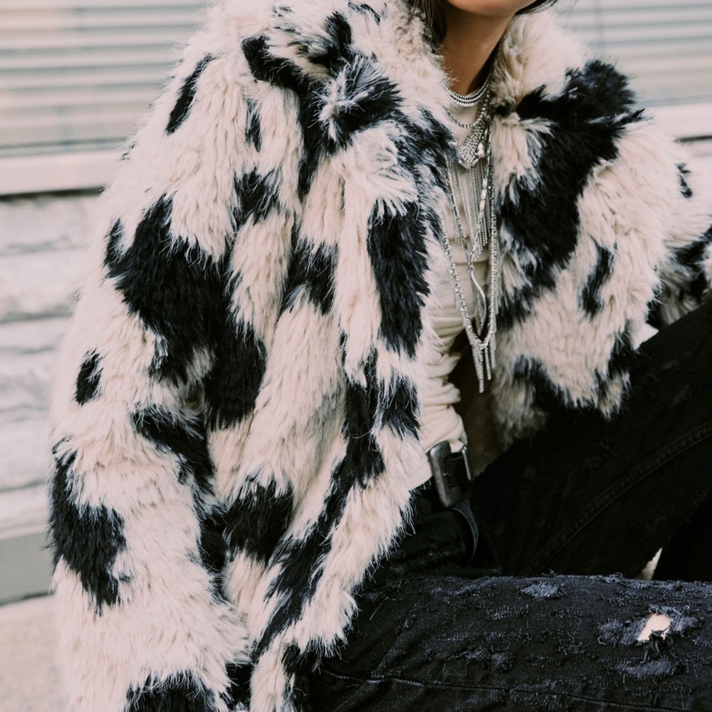 Free People Jade Cow Print Faux Fur Coat